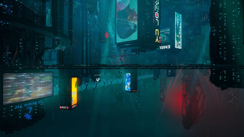 Screenshot - level in which one character runs atop a bridge, and the other runs underneath